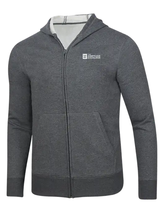 Full-Zip Dark Grey Heather Heavyweight Hooded Sweatshirt w/Mortgage Exchange Logo
