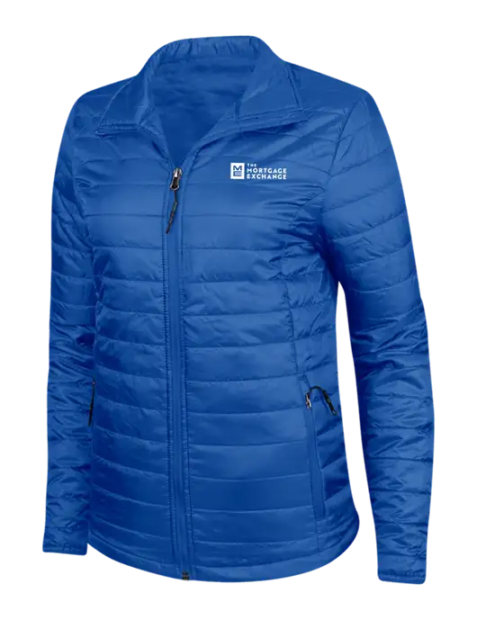 Dark Royal Blue Womens Puffy Packable Jacket w/Mortgage Exchange Logo